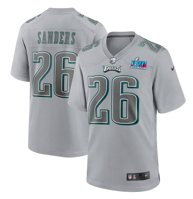 Men's Grey Philadelphia Eagles #26 Miles Sanders Super Bowl LVII Patch Atmosphere Fashion Stitched Game Jersey